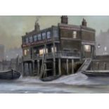 Steven Scholes (b1952), "The Angel Rotherhithe East London 1958", oil on canvas, 38cm x 28cm, modern