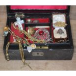 A jewellery box and contents including Victorian yellow metal, silver rings etc.