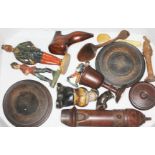 A mixed box of mainly treen, including a bird caller, boot snuff box, an Elastolin figure etc.