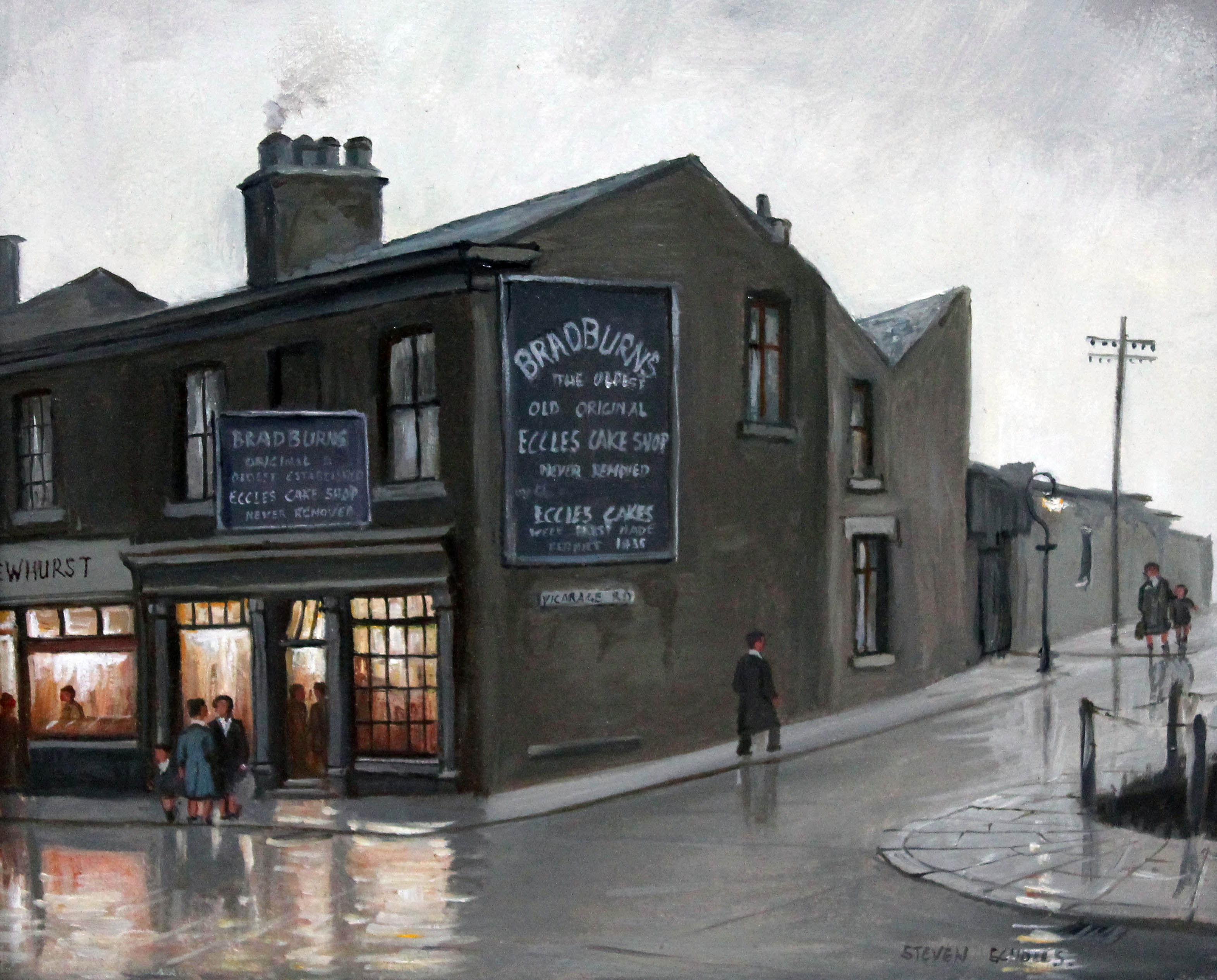 Steven Scholes (b1952), "The Original Eccles Cake Shop Eccles 1962", oil on board, 29cm x 24cm,