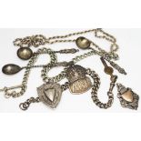 A mixed lot of hallmarked silver comprising a chain, two fobs, an ARP badge and three apostle