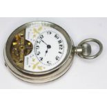 A Swiss silver plated pocket watch with visible escapement, case diam. 50mm.