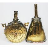 An eastern brass shot flask and another.