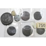 A mixed lot of copper coins and tokens including a George III 1797 cartwheel penny, a Swansea &
