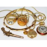 A mixed lot of yellow metal comprising a bangle, two signet rings, a pistol charm, locket etc.