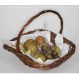 A basket of Italian stained alabaster fruit comprising two bananas, lemon, orange, apple, pear,
