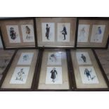 A set of twelve framed watercolours depicting Dickensian characters, approx. 14cm x 22cm each,