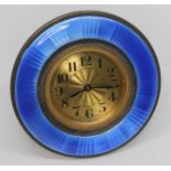 An Art Deco hallmarked silver and enamel clock, diam. 9cm.