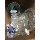 A box of glassware including decanter and perfume spray