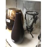 4 glass and ceramic vases including one in metal frog design holder