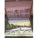 Two oil paintings including Christine Hoilt, landscape oil on canvas, Keith Holt, boats at sea,