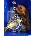 A box of misc pottery, ornaments, EPNS candle holder, ashtray, clay pipe, coins collection etc.