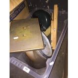 A kitchen Salter scales, enameled kettle, a pot and 2 wooden grates.