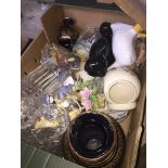 A box of mixed ceramics and glass including brandy glasses