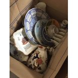 A box of mugs, paltes etc inclusing Masons Mandalay jug