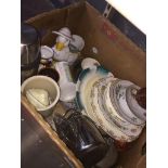 A box of various crockery, metal ware etc.