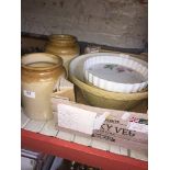 2 stoneware jars, 2 mixing bowls and a quiche dish.