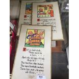 Three printed cards with childrens nursery rhyme and picture