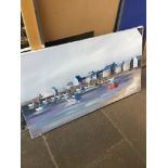 A modern oil on canvas depicting houses and boats, 126cm x 70cm.