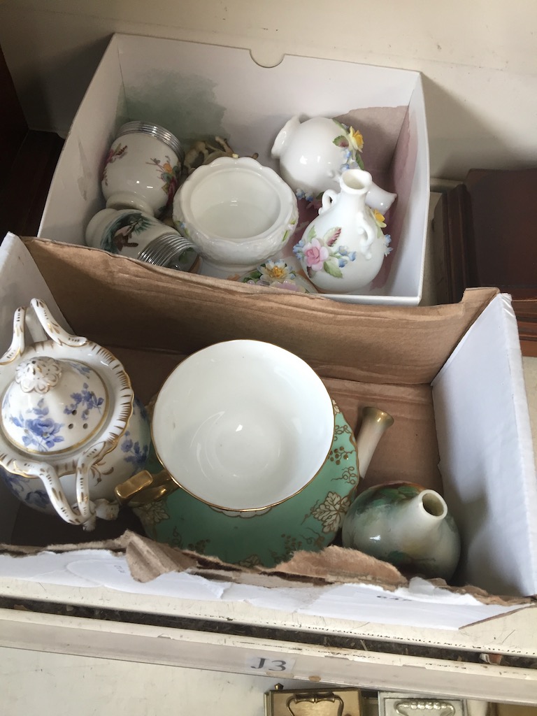 Two trays of china including Royal Worcester, Crown Derby and Coalport.