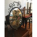 Late Victorian Art Nouveau wrought iron hand painted glass fire screen