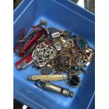 Blue tub of costume jewellry and pen knives