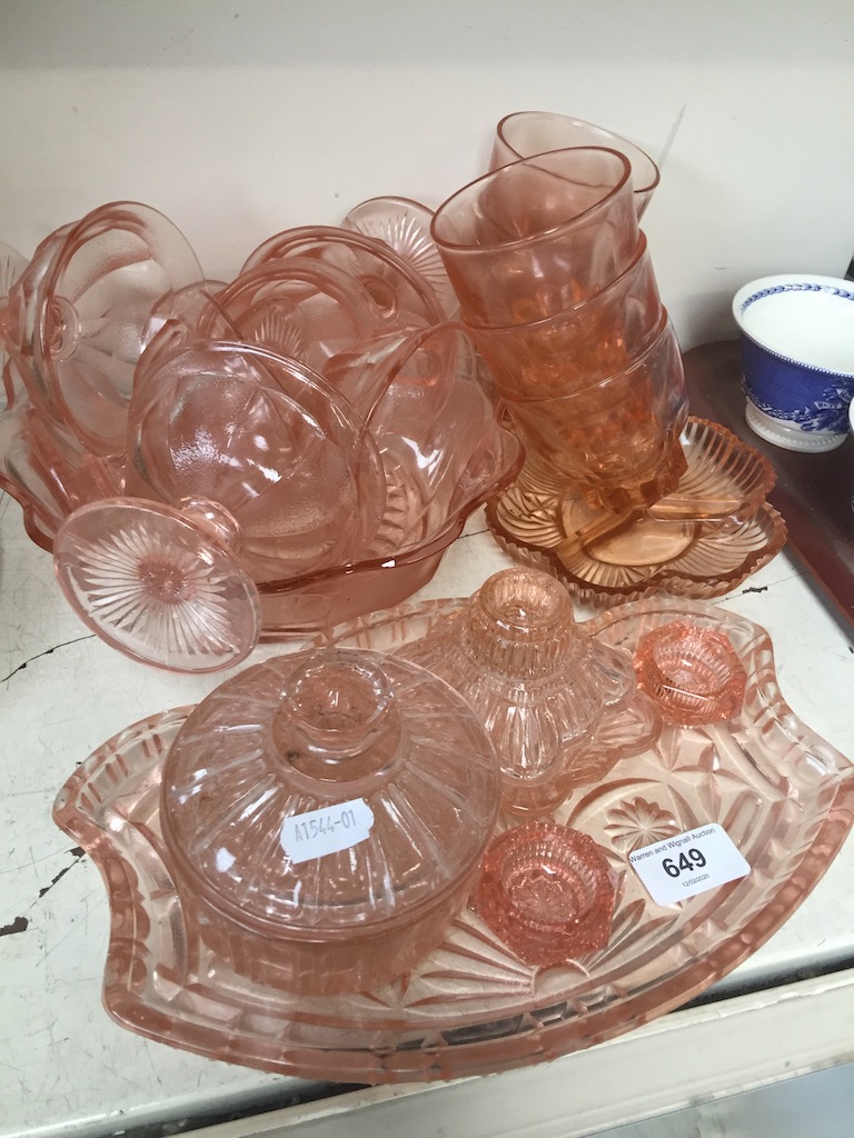 Pink glass dressing table set and various pieces of pink glass dessert set etc