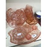 Pink glass dressing table set and various pieces of pink glass dessert set etc