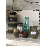 2 West German vases, some stoneware small vases and a glass vase.