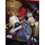 A box of mixed bric a brac, golf shoes etc