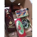 A box of vintage tins and boxes, and a tin of glass droplets