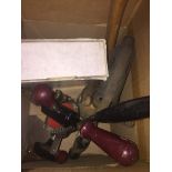 Small box of tools including hand drill etc