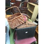 Two wicker baskets, a handbag and a former mill box