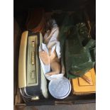 A box of misc to include binoculars, dolls, radio, etc