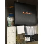 A box of misc to include Ben Sherman gift set ( watch ), Parker pens, Givenchy, Coco Chanel