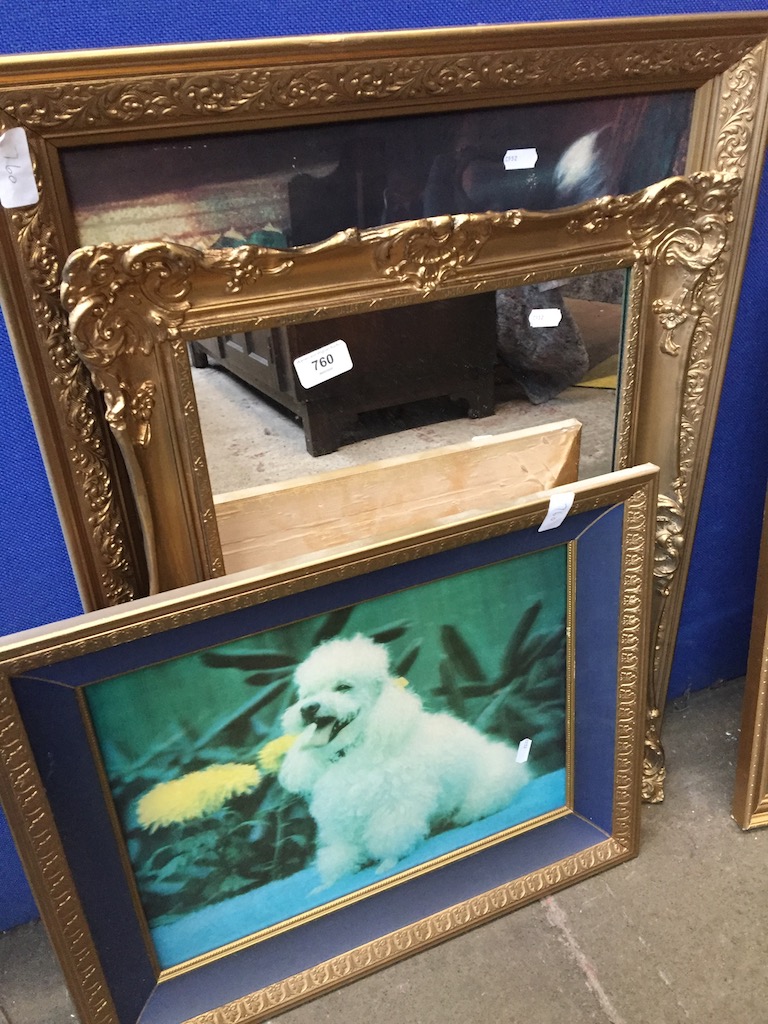 2 pictures featuring dogs and a gilt framed mirror
