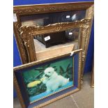 2 pictures featuring dogs and a gilt framed mirror