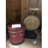 Vintage Salter scales and a novelty postbox money tin