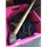 Box of tools including sledge hammer, rope and ratchet chain hoist