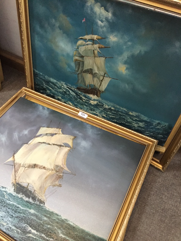 Derek G Molloy, Ships at sea, a pair of oils on canvas, signed lower left, 56cm x 46cm & 62cm x