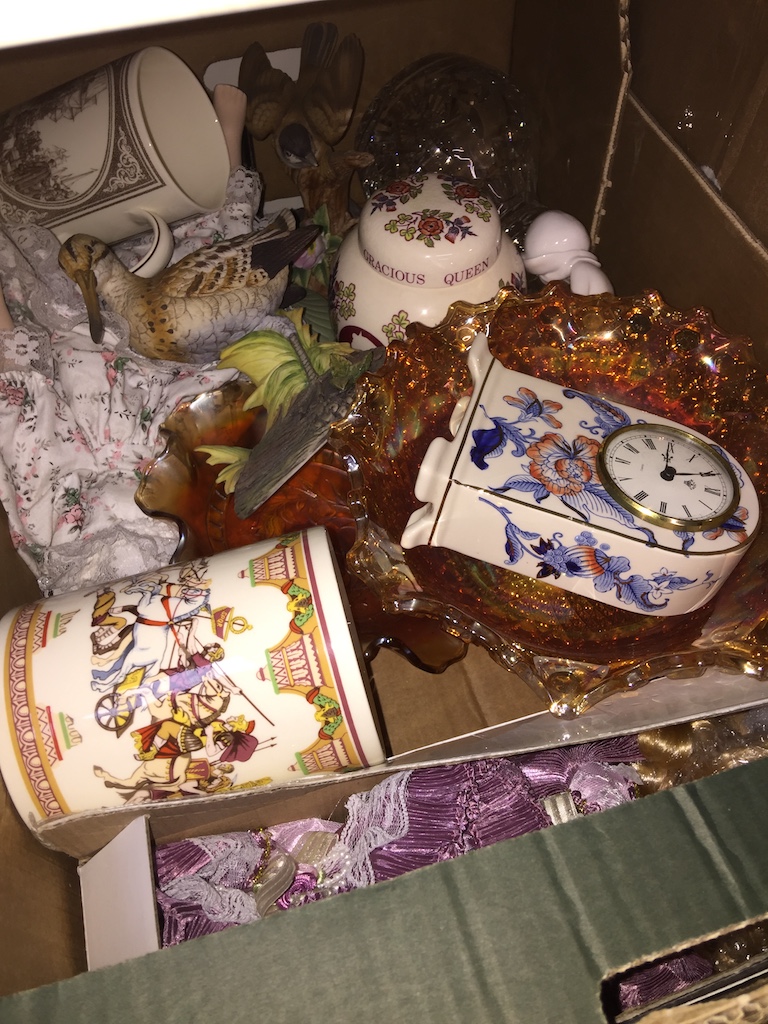 Box of mixed ceramics & glass including carnival glass