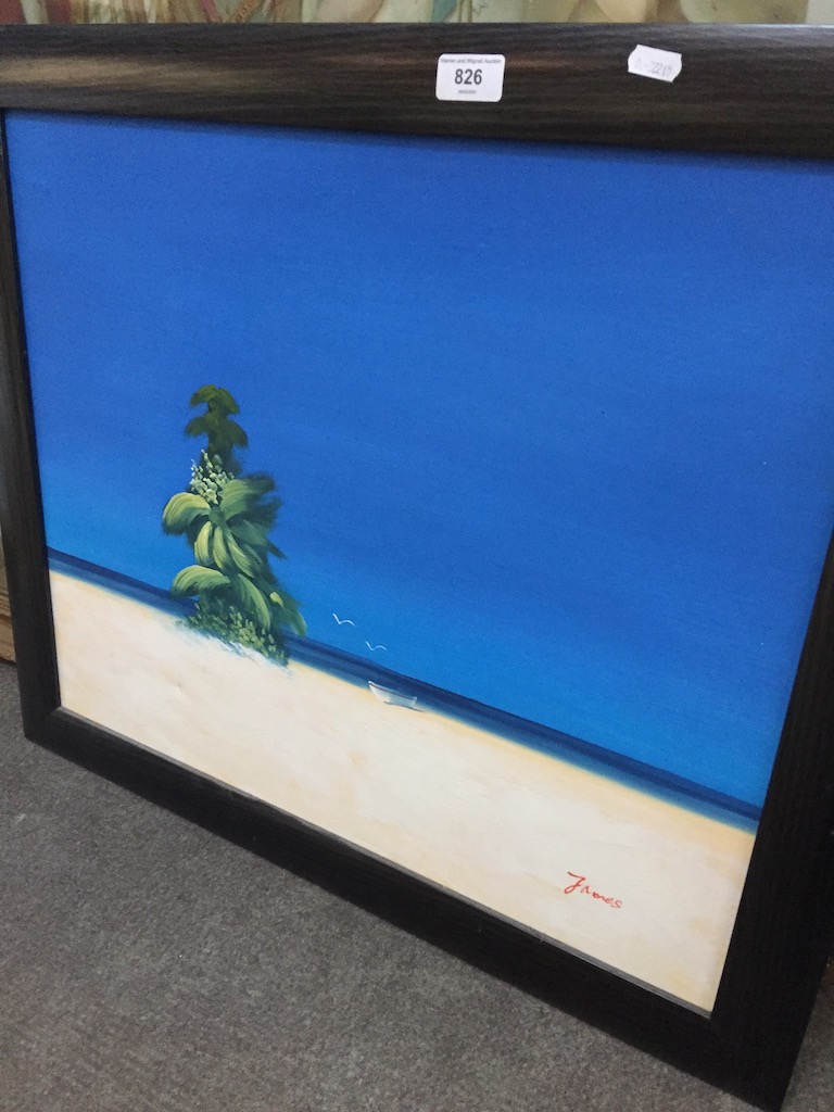 A desert island scene, oil on canvas, signed 'James', 60cm x 50cm, framed.