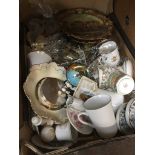 A box of mixed ceramics and glass including galleried tray