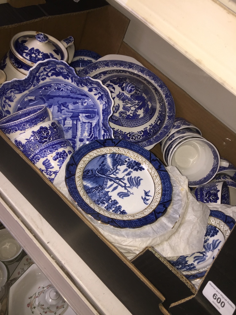 A box of blue and white including Booths real old willow