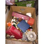 A box of plated ware, teapot and other ornaments