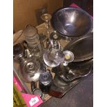 A box of various metalware including tilley lamp, plated ware etc