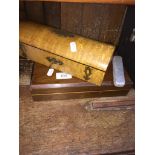 An old dictionary, small casket and trench art box with cheroot holder and some boxed fish cutlery