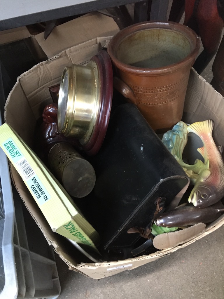 A mixed box including stoneware, ceramic fish clock etc