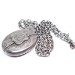 A Victorian white metal pendant locket and chain, some chain links marked with lion passant, pendant