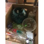 A box of glassware including coloured bowls etc